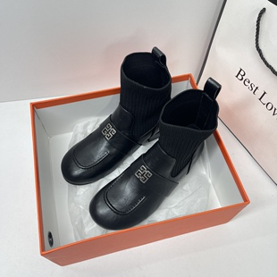 毛线针织弹力拼接套筒低跟百搭瘦瘦靴 复古圆头粗跟短靴女秋冬新款