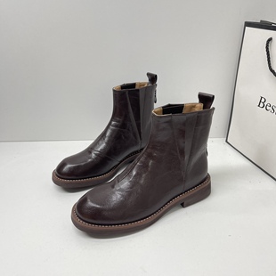后拉链中跟圆头切尔西短靴 英伦风复古粗跟马丁靴女2025秋冬款
