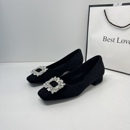 女春软底粗跟黑色上班工作鞋 2025年法式 绒面水钻女士方头浅口单鞋