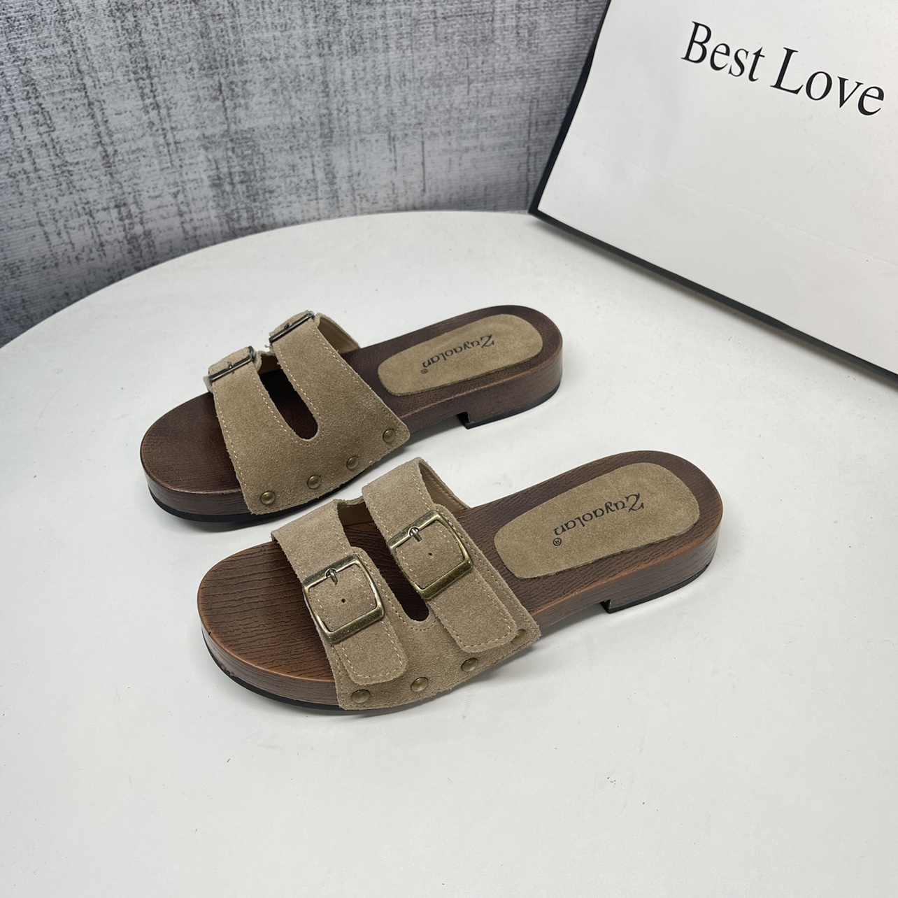 复古磨砂厚底双排搭扣拖鞋女