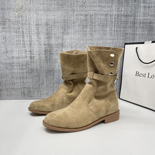 皮扣粗跟中筒靴马丁靴短靴 美拉德风翻折两穿西部牛仔靴女2025秋季