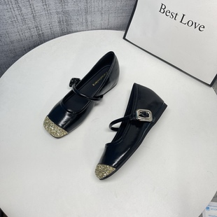 拼接平底方头小个子玛丽珍女鞋 隐形内增高4CM浅口单鞋 女2025秋季