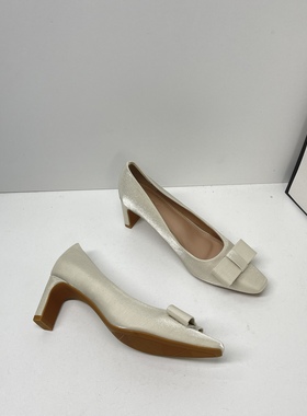 法式气质缎面礼服宴会旗袍粗跟方头单鞋2026新款蝴蝶结职业高跟鞋