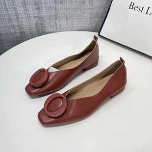 女方头春秋一脚蹬通勤工作鞋 软皮法式 低跟粗跟红色浅口单鞋