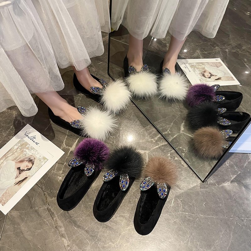 2025新款冬秋毛毛瓢单女棉鞋加厚保暖狐狸毛水钻兔耳平跟舒适多彩,女鞋,棉鞋,淘宝优惠券,粉丝福利购,淘宝优惠卷