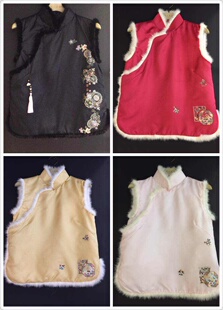 镶毛边中式米粉色手工绣花刺绣真丝欧根纱马甲加棉原创设计女装