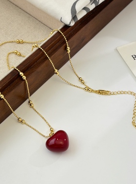 丽贝丽影爆款烤漆酒红爱心吊坠项链女时尚简约百搭高级感项链配饰