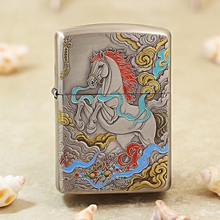 夜色zippo打火机 盔甲 熏银鎏金骏业宏图 麒麟踏云 马到成功