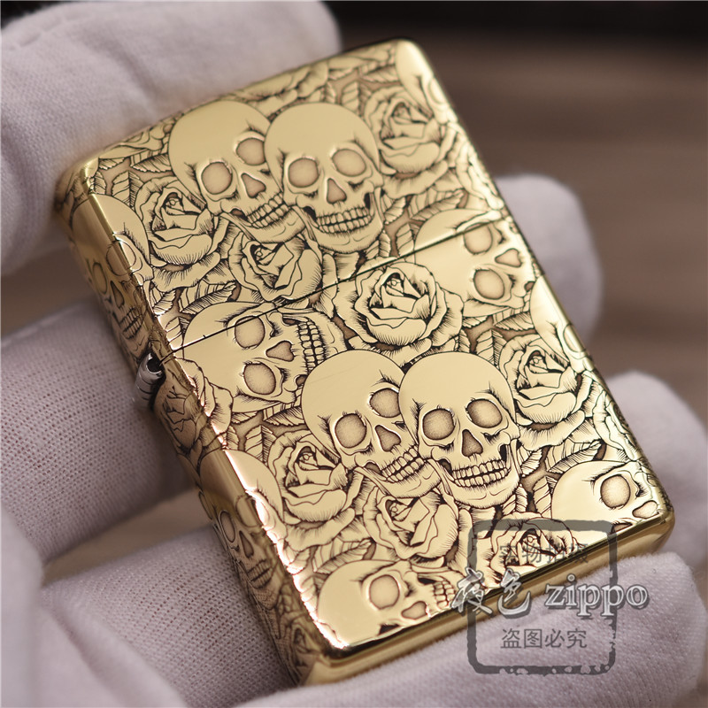夜色zippo正品之宝煤油打火机纯铜精雕环绕玫瑰骷髅礼品骷髅头