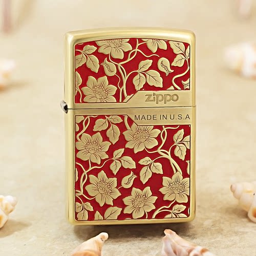 之宝正品Zippo打火机向阳花 限量正版镀金珐琅彩雕刻填漆富贵花