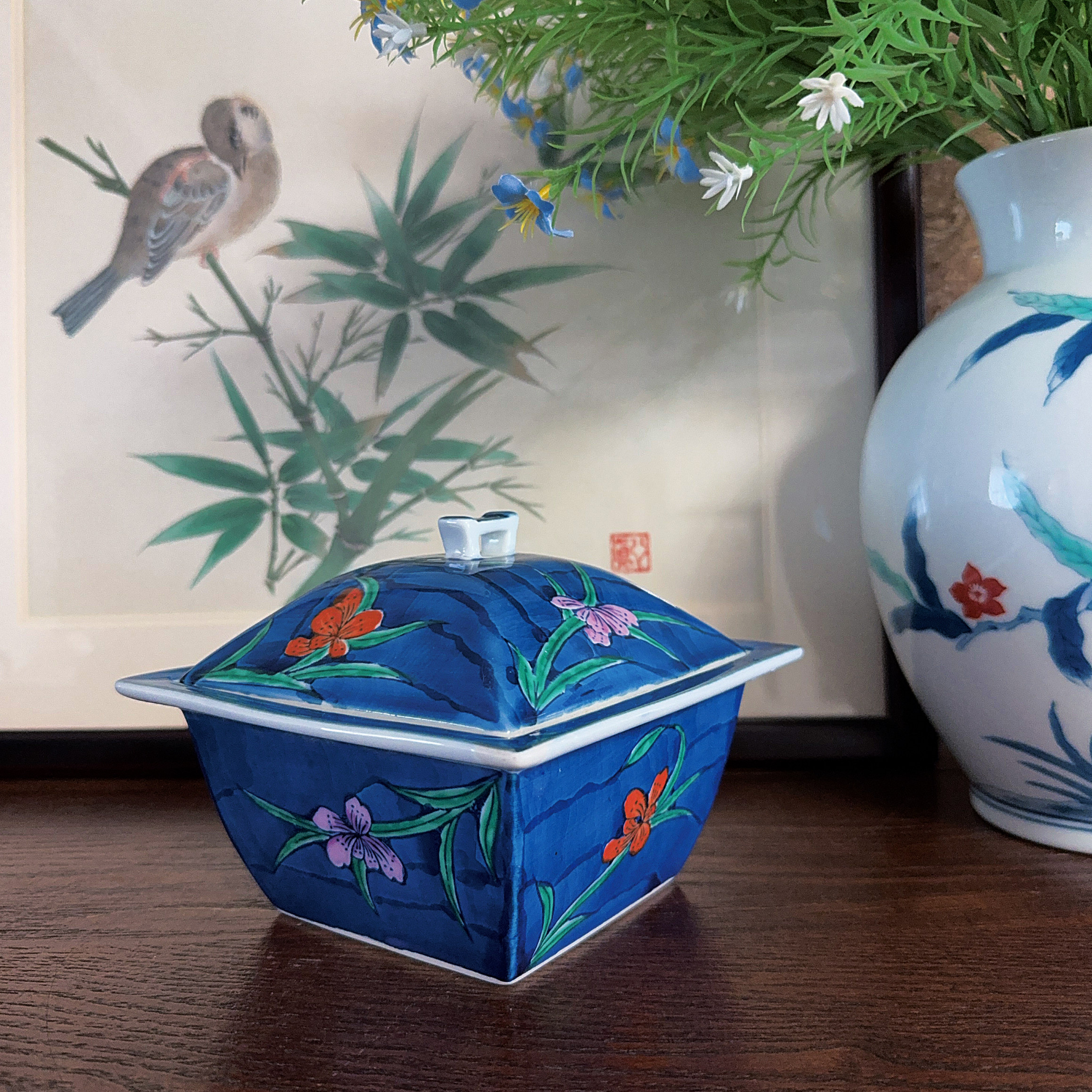日本制 華山窑 青花手绘 大尺寸 方形盖钵罐 点心钵 零食钵 摆件