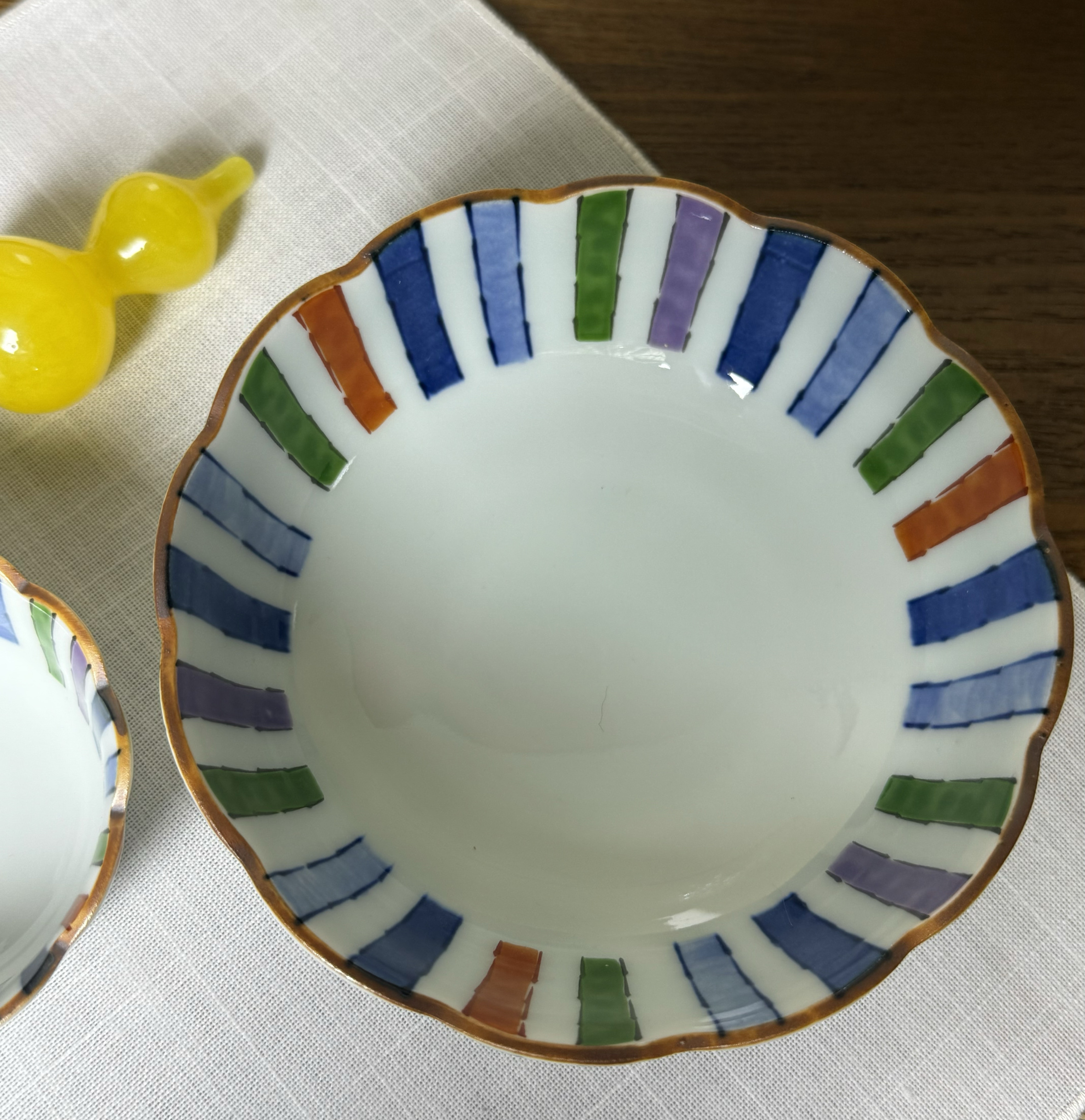 有田烧 清秀手作 葵口内外交趾釉 条纹 亲子钵 面碗 蘸料碟