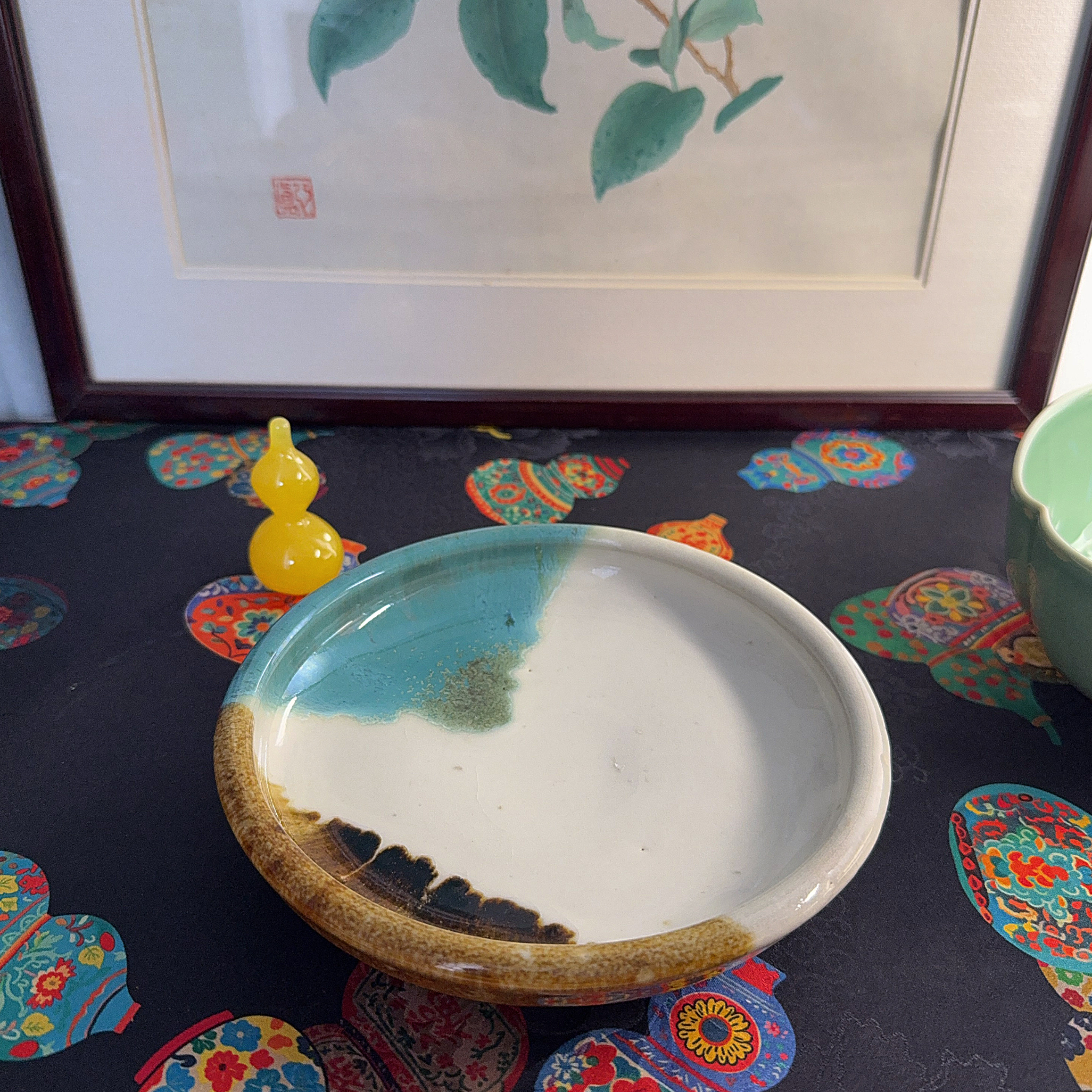 日本制 柴烧自然流釉 三色釉 壶承 笔洗 果盘多用途 绝美