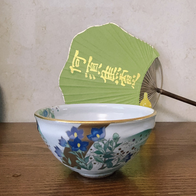 日本御所之花 桔梗花 全手绘手工制作抹茶碗 摆件 茶碗