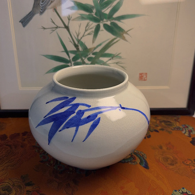 加耶窑月泉 名家李庆熙作 手绘竹子 花瓶 摆件  展出品