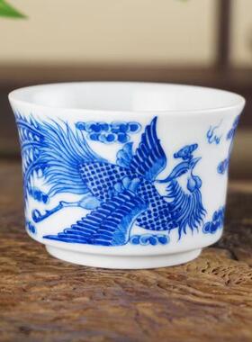 德物小雅手绘凤戏珠带内绘马蹄杯景德镇80ml容量茶杯柴窑