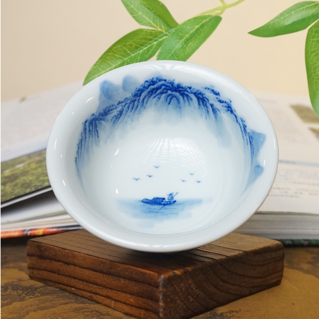 296溪山堂青花高颜值110ml压手杯高档手绘山水杯景德镇主人杯陶瓷