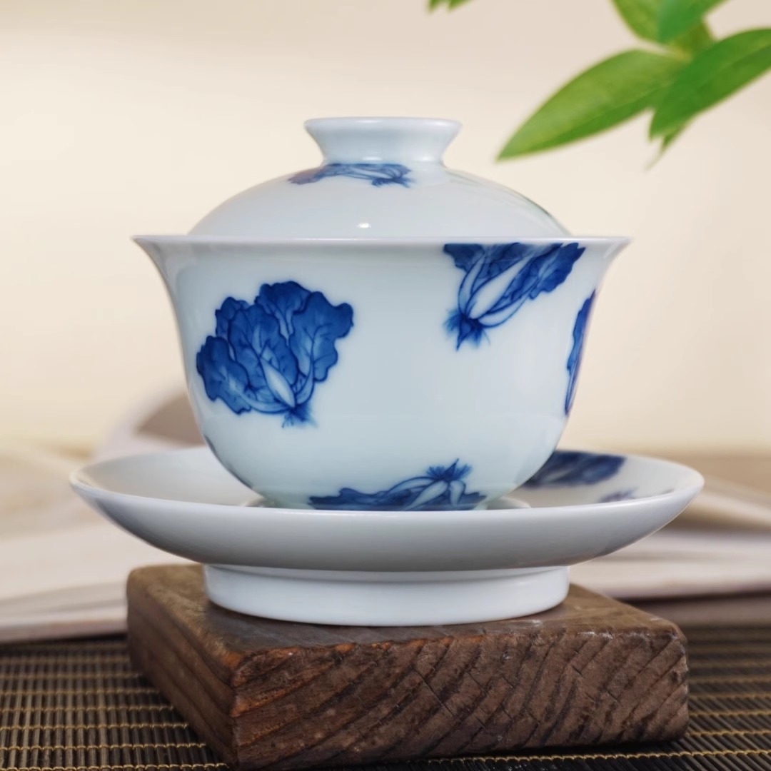 德物小雅手绘青花三才白菜盖碗