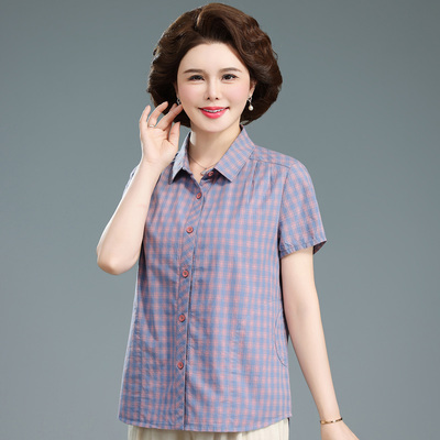 妈妈装短袖衬衫夏款纯棉开衫