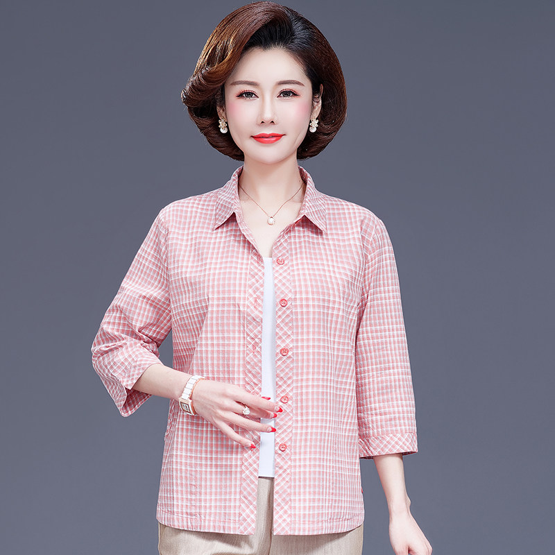 中老年衬衣女全棉2026格子薄衬衫