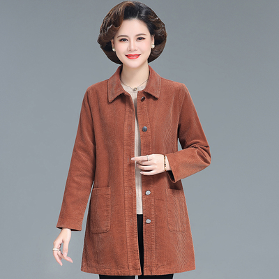 新款中老年妈妈装灯芯绒纯棉风衣宽松外套纯色中长款春秋夹克条绒