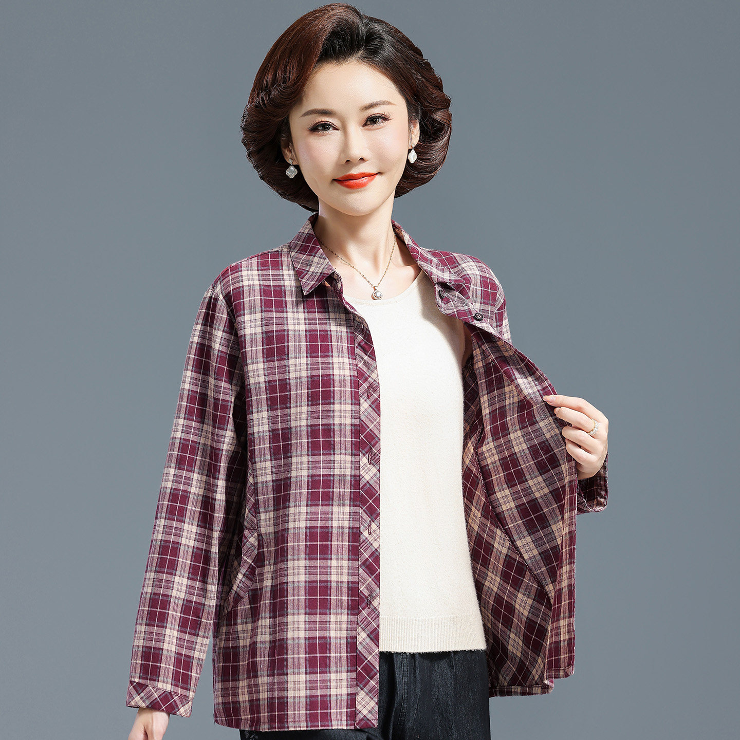 中老年春秋衬衫长袖格子纯棉妈妈