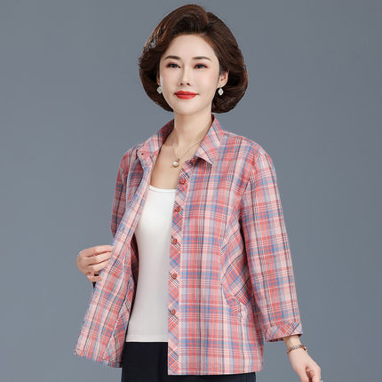 中老年人女纯棉春夏季格子衬衫妈妈装全棉翻领七分袖宽松贴身衣服