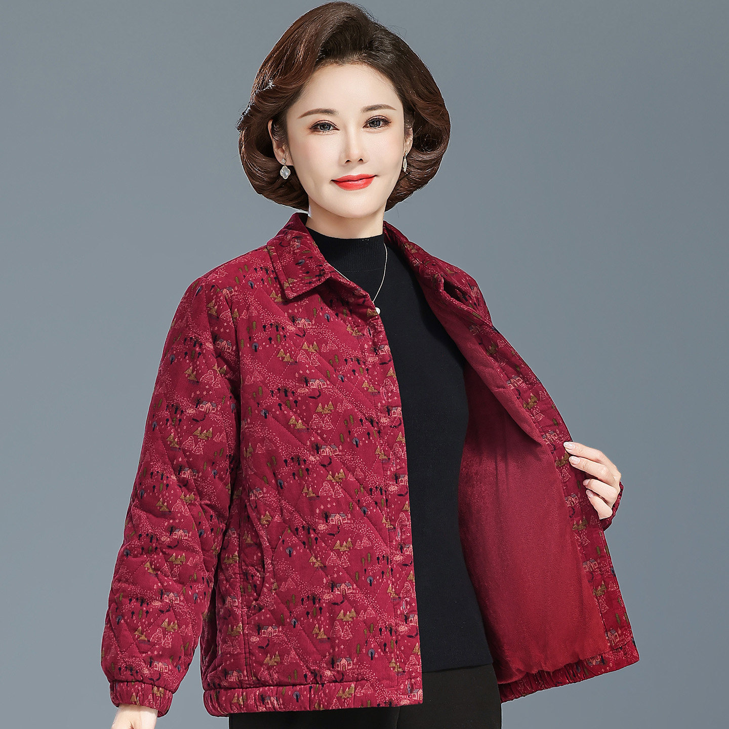 妈妈秋冬夹棉外套中老年女薄棉衣奶奶装纯棉加绒碎花上衣老人夹袄