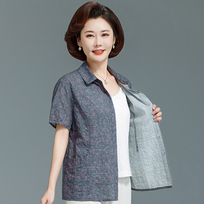 中老年夏女棉质短袖衬衫妈妈夏季