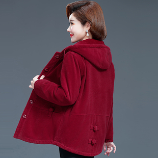 中老年冬装女加大码条绒纯棉服女妈妈时尚洋气加厚棉衣中长款外套