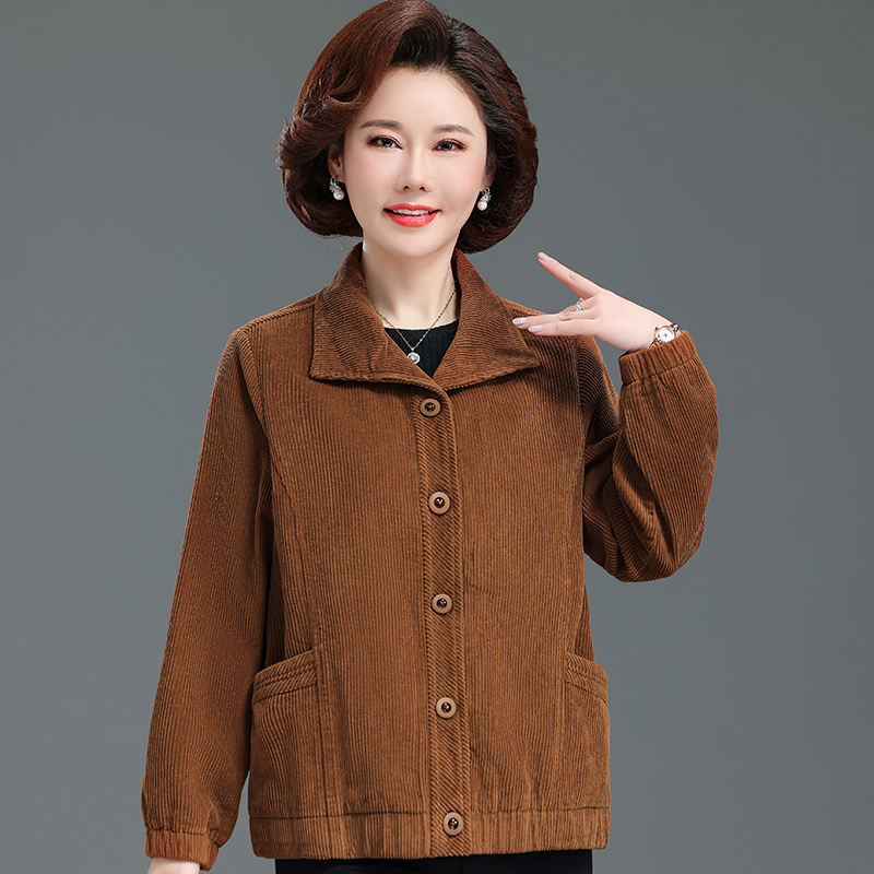 中老年女装妈妈春秋装纯棉灯芯绒外套奶奶洋气条绒短款夹克上衣