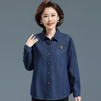 中老年女人秋装牛仔衬衫长袖纯棉