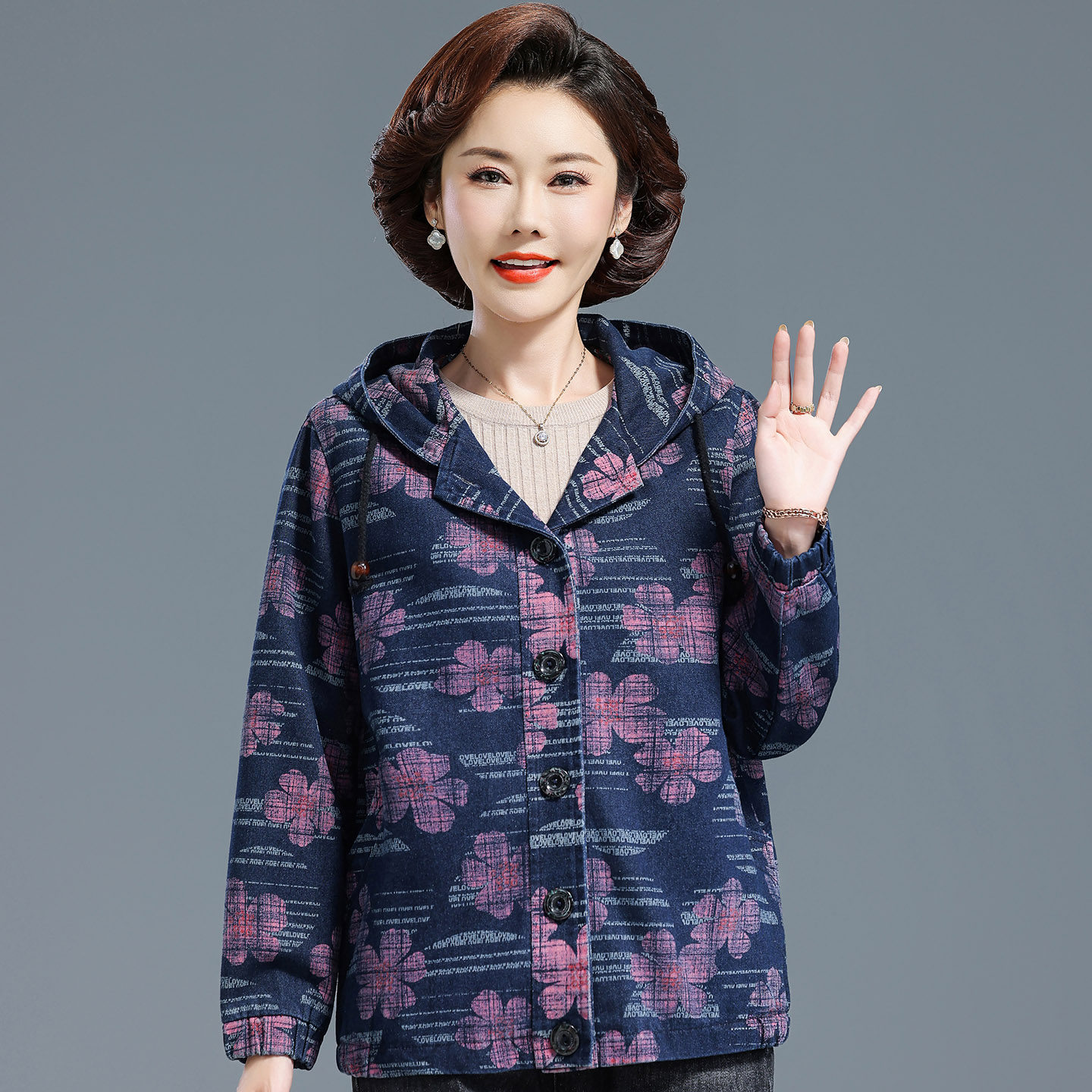 中老年秋装外套女连帽休印花棉质