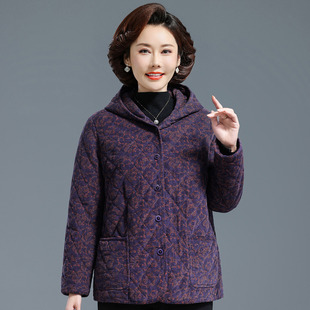 中老年女秋冬夹棉外套奶奶纯棉印花连帽上衣妈妈装 宽松衣服薄棉衣