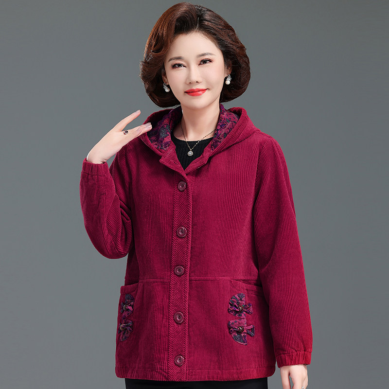 中老年妈妈春装大码刺绣外套女连帽夹克衫春秋季新款灯芯绒上衣服