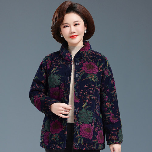 妈妈冬季棉衣短款灯芯绒大花棉服