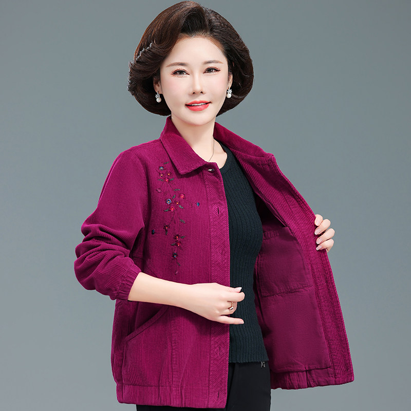 老太太春秋外套短款纯棉灯芯绒中老年女装夹克衫绣花上衣老人衣服
