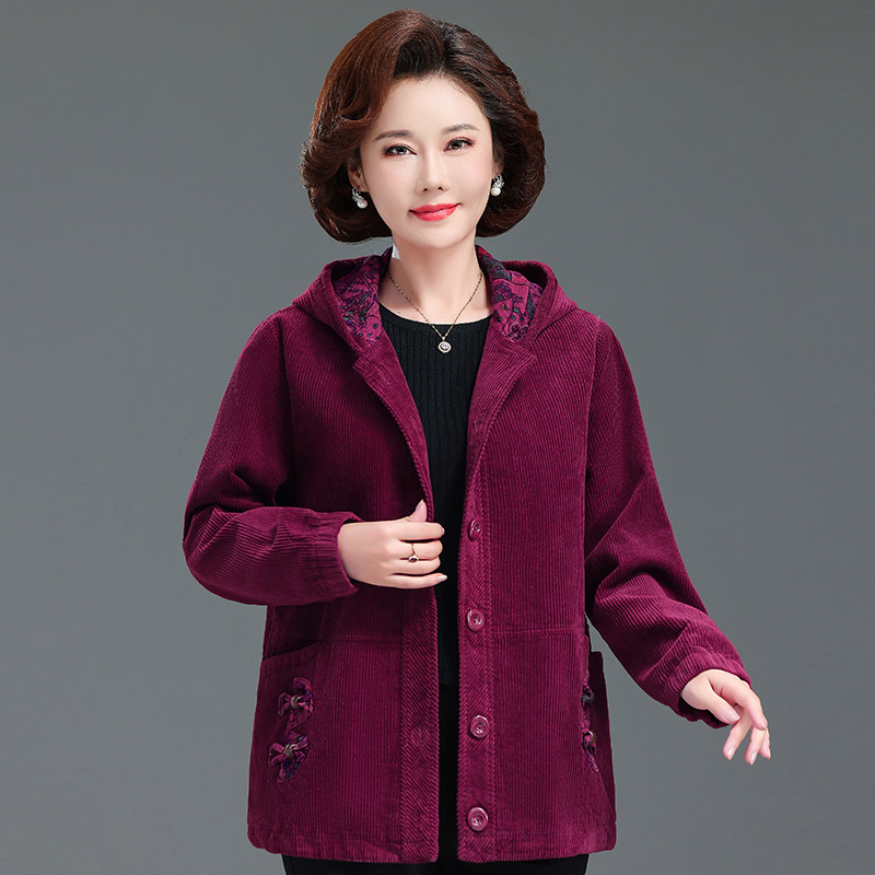 妈妈秋装外套加大码中老年女上衣老人衣服灯芯绒连帽纯棉夹克风衣