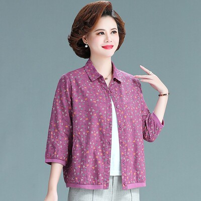 中老年妈妈纯棉七分袖碎花衬衫