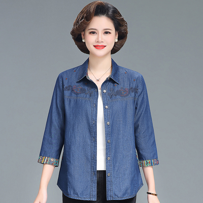 中老年七分袖纯棉牛仔衬衣时尚