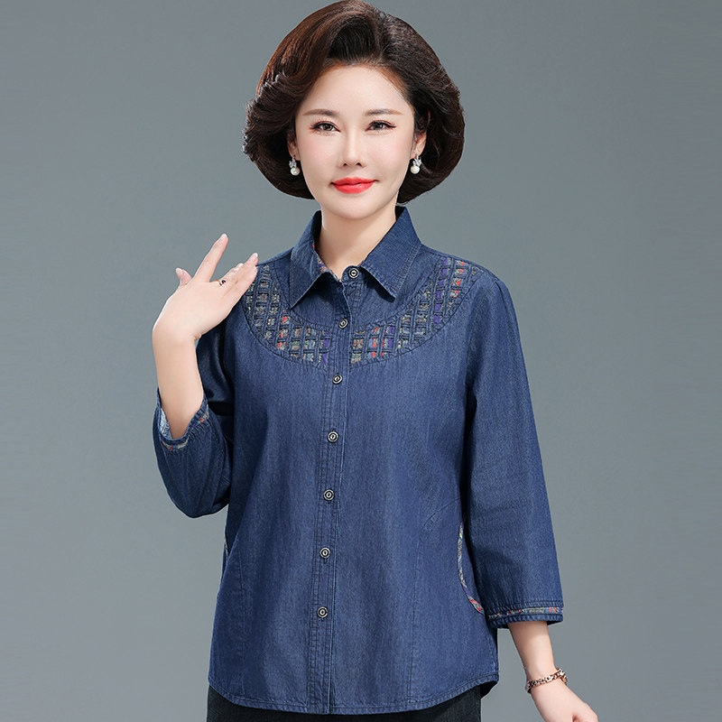 中老年衬衫女春夏季七分袖牛仔衬衣加大码妈妈装绣花上衣纯棉衣服