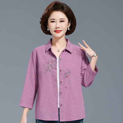 妈妈春装新款七分袖纯棉衬衫绣花