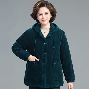 中老年妈妈装灯芯绒棉服纯棉加厚2025新款外套中长款冬季带帽棉袄