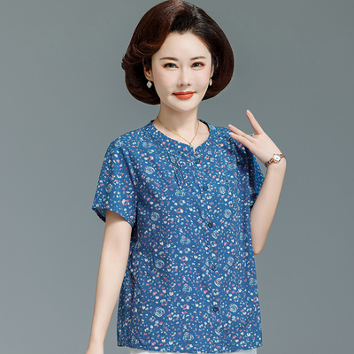 中老年女短袖衬衣2025新款老太太棉质夏季知性妈妈装宽松碎花衬衫