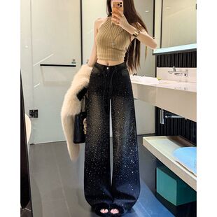 欧货重工黑色烫钻牛仔阔腿裤女春夏新款高腰宽松直筒裤满钻拖地裤