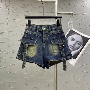 美式弹力工装短裤女2026夏季新款高腰修身铆钉热裤口袋阔腿靴裤潮