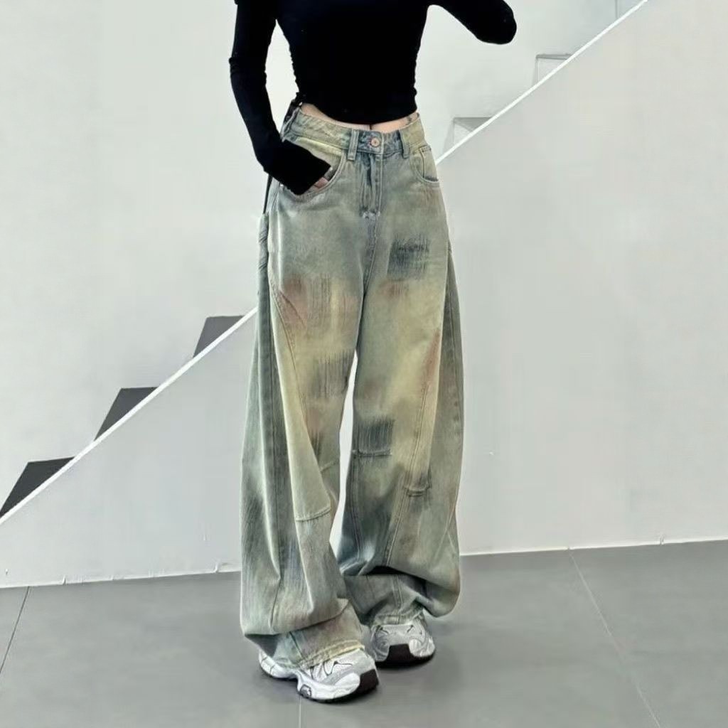 美式高街脏染牛仔弯刀裤女2026春秋新款高腰宽松阔腿裤小个子长裤,女装/女士精品,牛仔裤,淘宝优惠券,粉丝福利购,淘宝优惠卷