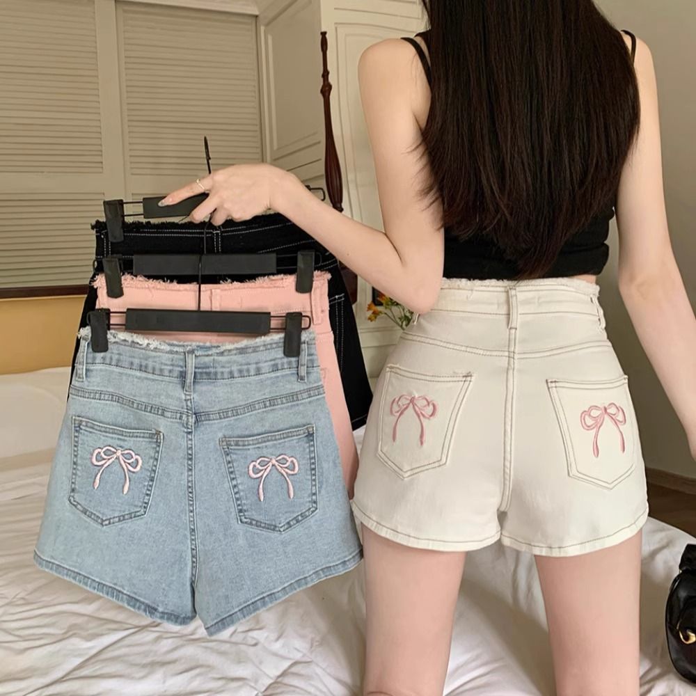 口袋蝴蝶结刺绣牛仔短裤女夏季薄