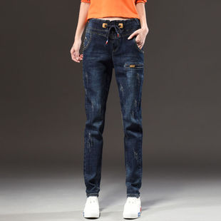 弹力休闲长裤 加绒显瘦小脚裤 女秋冬大码 胖MM宽松松紧腰牛仔哈伦裤