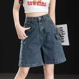 女夏新款 牛仔短裤 高腰宽松阔腿五分裤 帅酷直筒中裤 美式 四分裤 工装